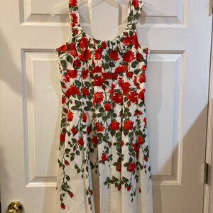 NEW DIRECTION MIDI DRESS 8P Red Flower Pleated Lining Sleeveless